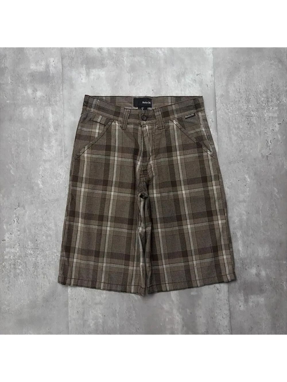 Y2K Brown Hurley Surf Grunge Plaid Baggy Skater Shorts
